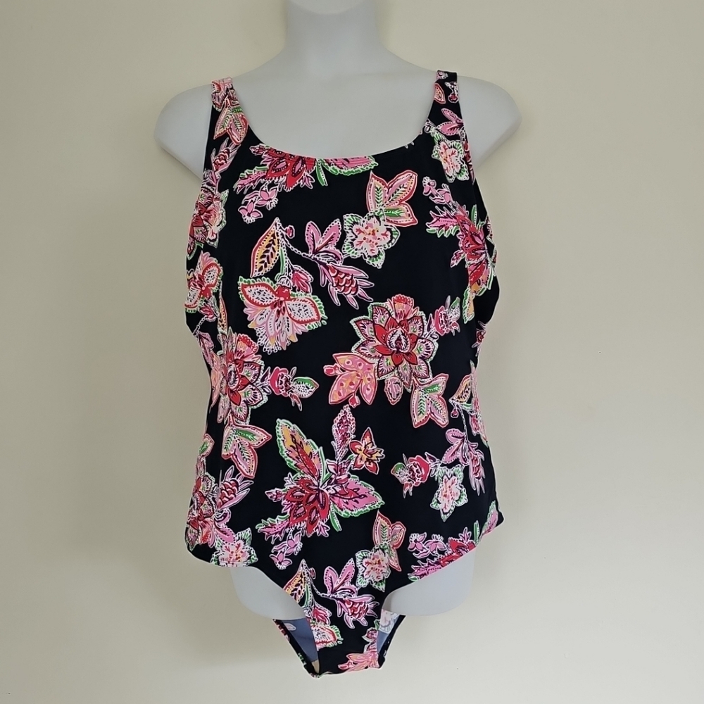 Swim365 Multicolor Floral One Piece Swimsuit Plus Size 28 Round Neck Wide Straps